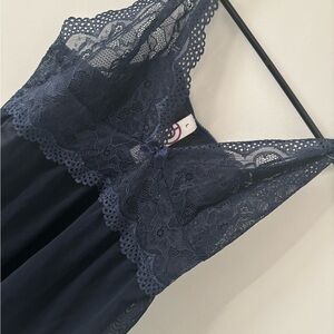 Elegant Lace Trim Navy Nightgown Lingerie